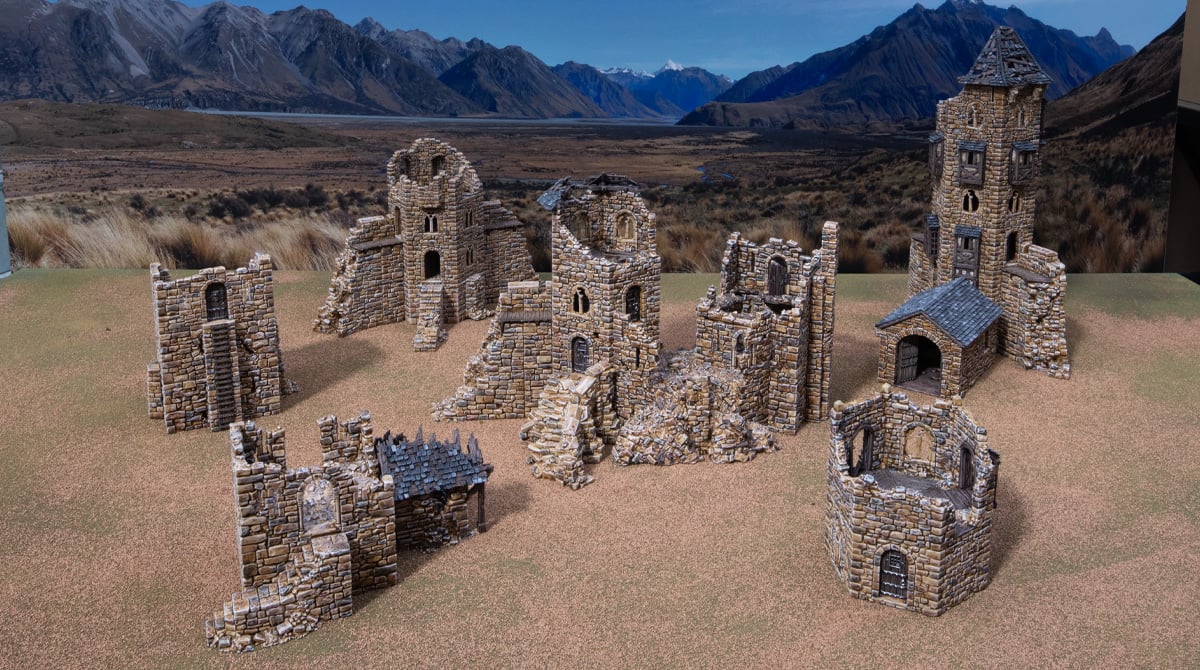 3D printed and painted castle in ruins, used for tabletop rpgs and wargames