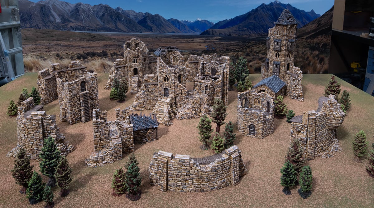 3D printed and painted castle in ruins, used for tabletop rpgs and wargames