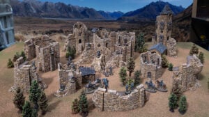 3D printed and painted castle in ruins, used for tabletop rpgs and wargames