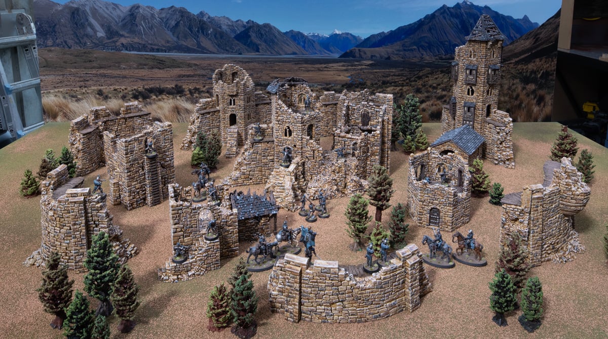 3D printed and painted castle in ruins, used for tabletop rpgs and wargames