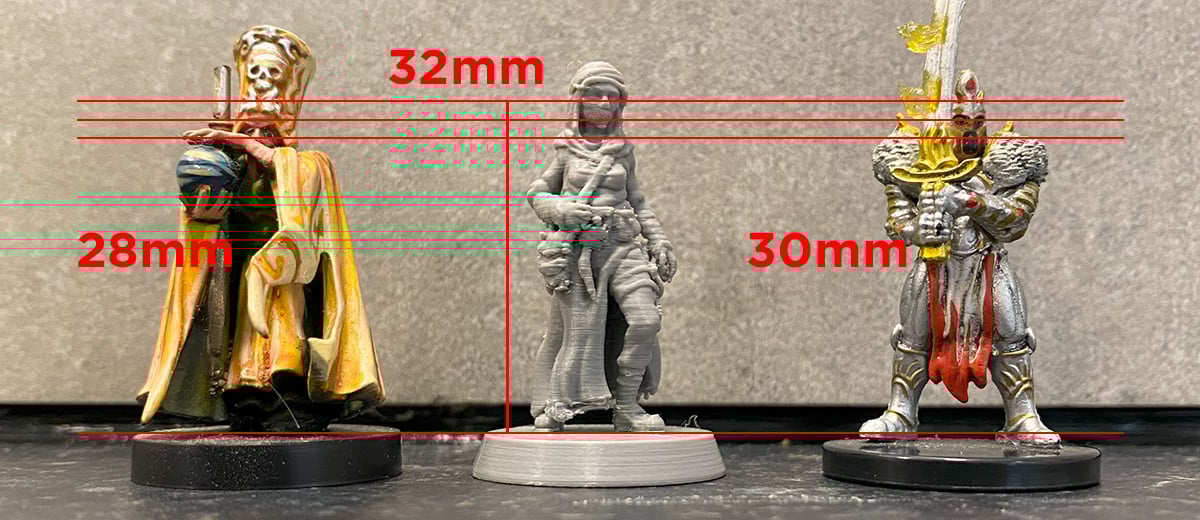 3D printed Syd Scale alongside other painted miniatures to represent their scale
