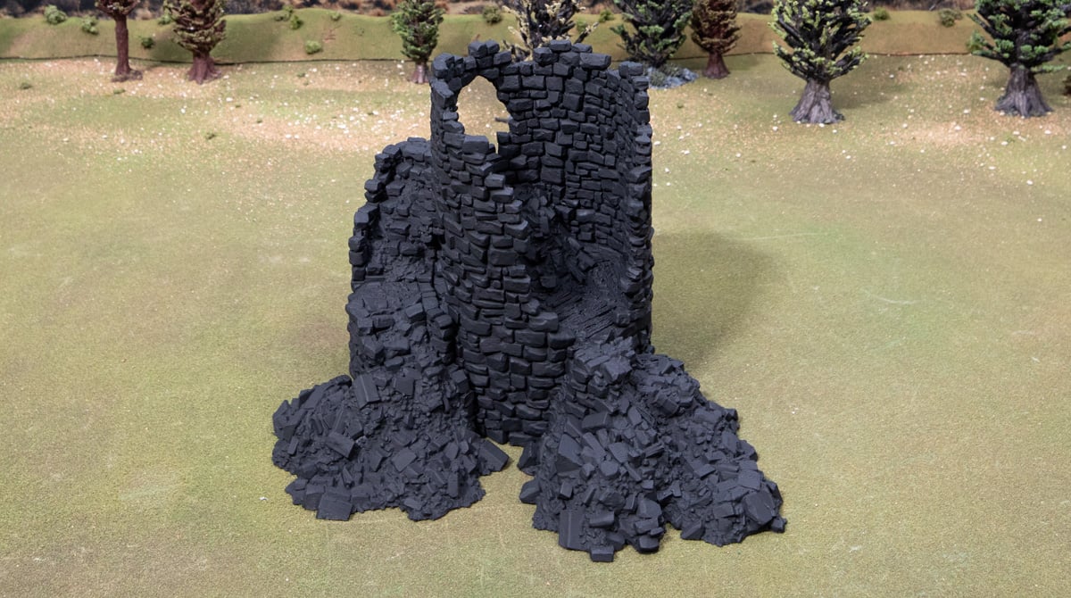 3d printed and painted ruined grey tower