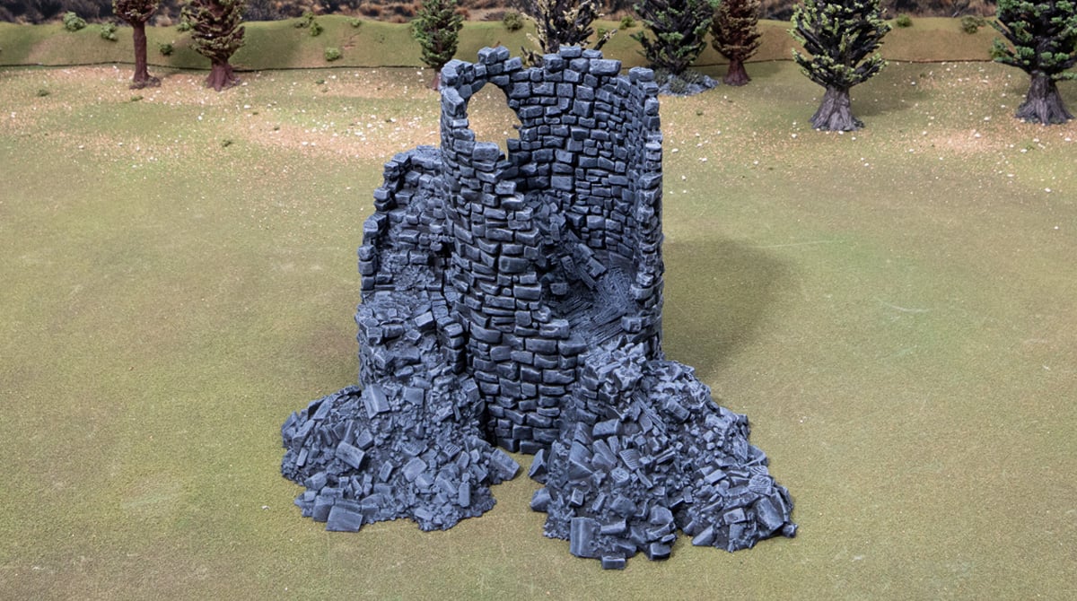 3d printed and painted ruined grey tower