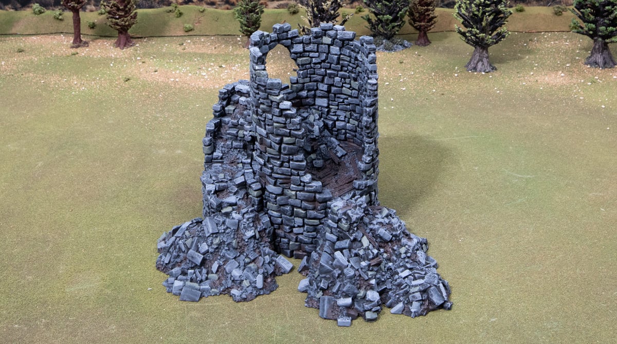 3d printed and painted ruined grey tower