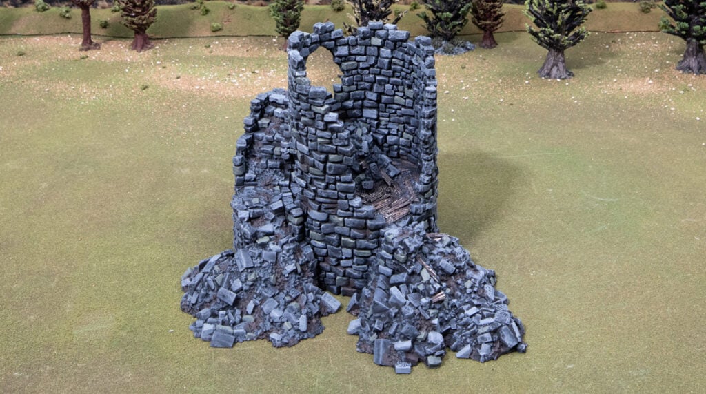 3d printed and painted ruined grey tower