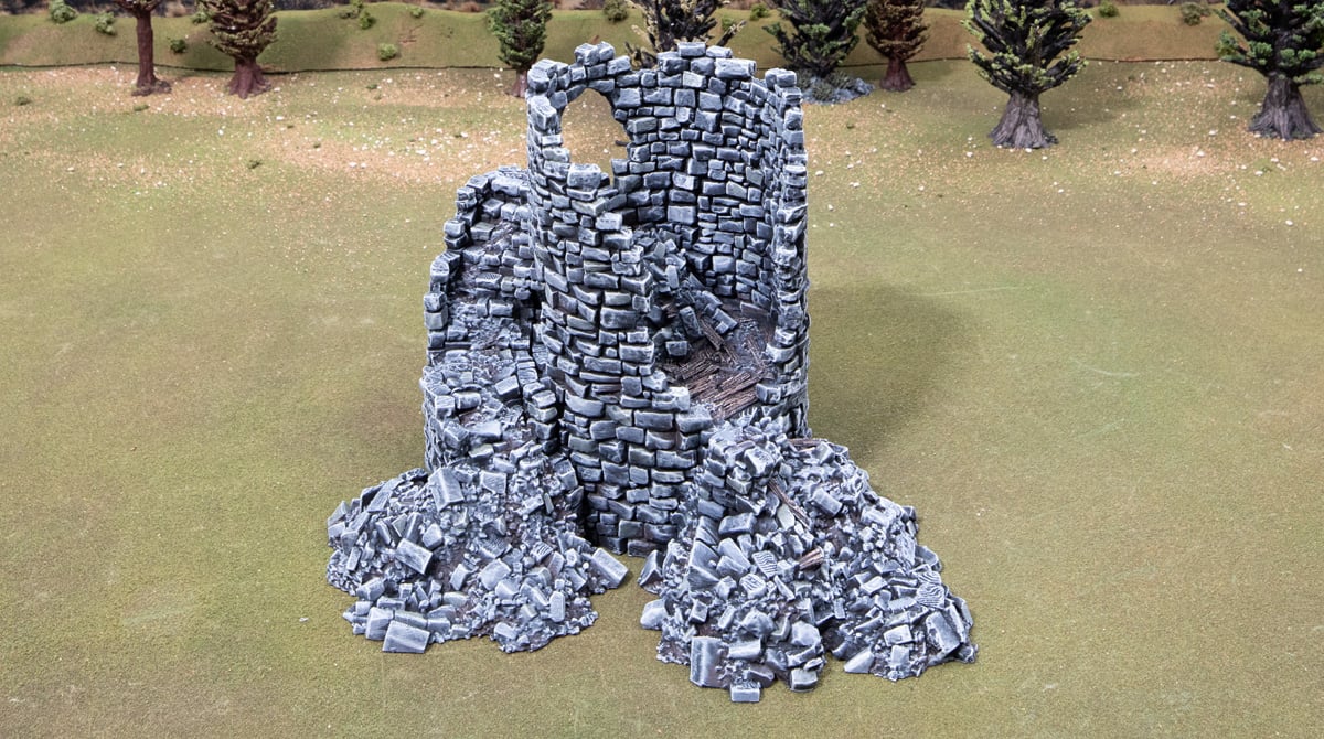 3d printed and painted ruined grey tower