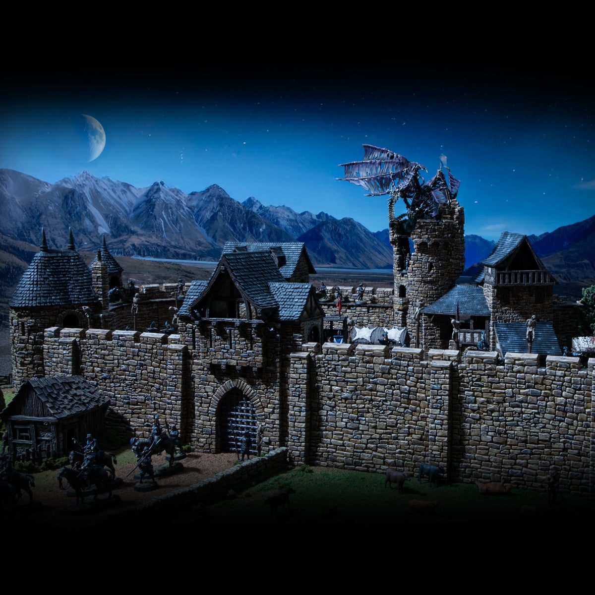 3d printed and painted Throne & ash castle in a night scene for Dnd and wargaming