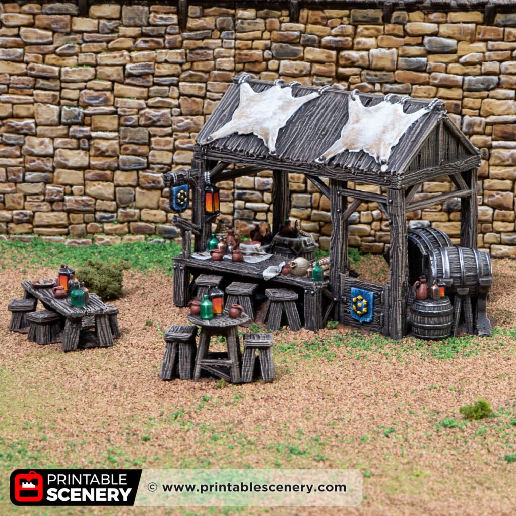 3D printed and painted market stalls for DnD and wargaming