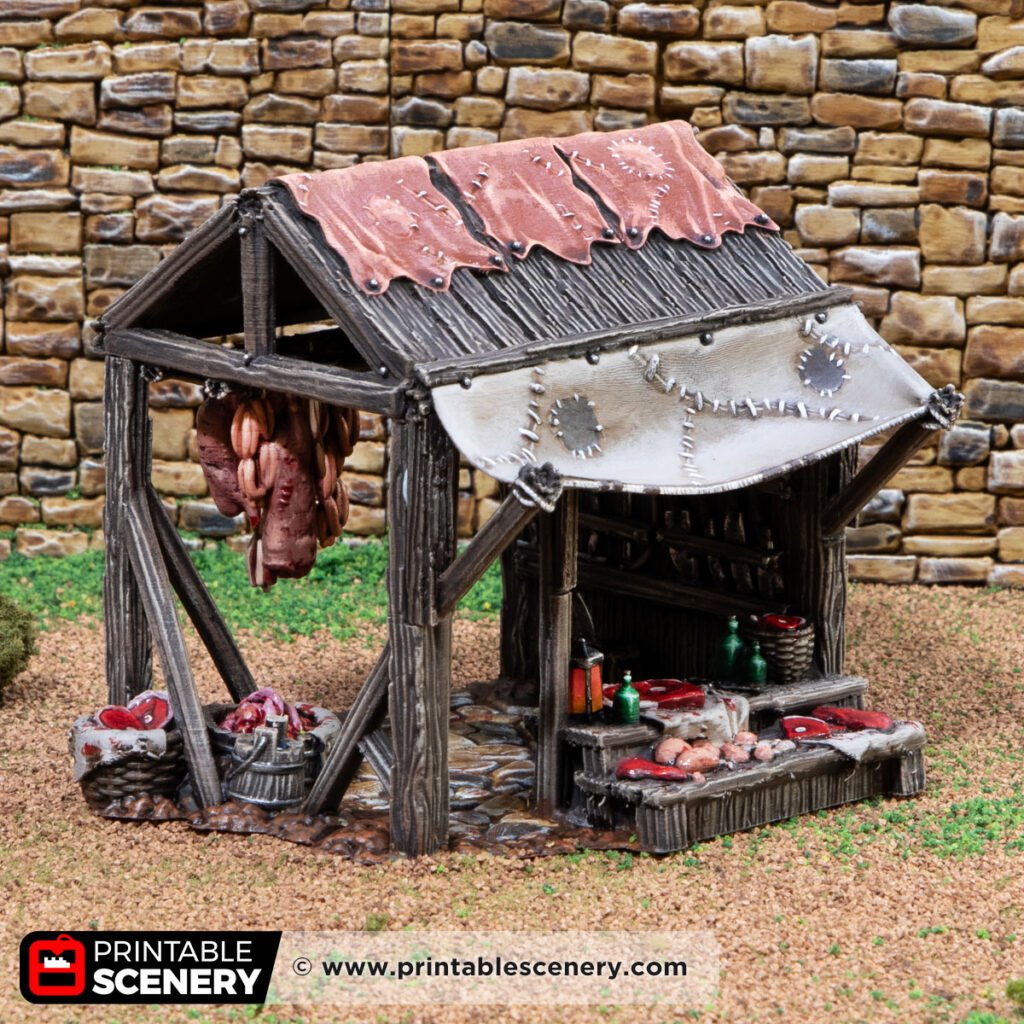 3D printed and painted market stalls for DnD and wargaming