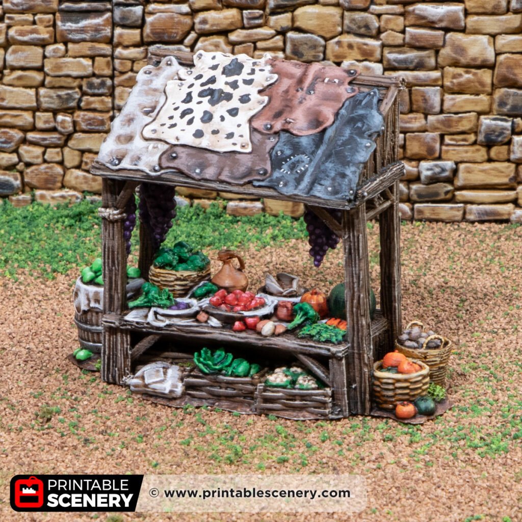 3D printed and painted market stalls for DnD and wargaming