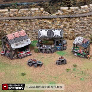 3D printed and painted market stalls for DnD and wargaming