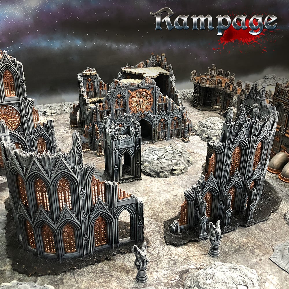 3d printed and painted gothic ruined church for dnd and wargaming