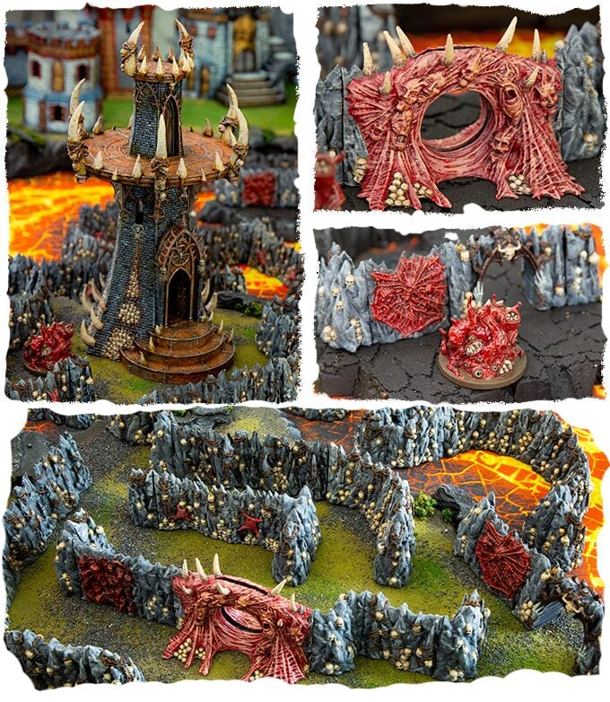 3d printed and painted dwarves, elves and demons terrain