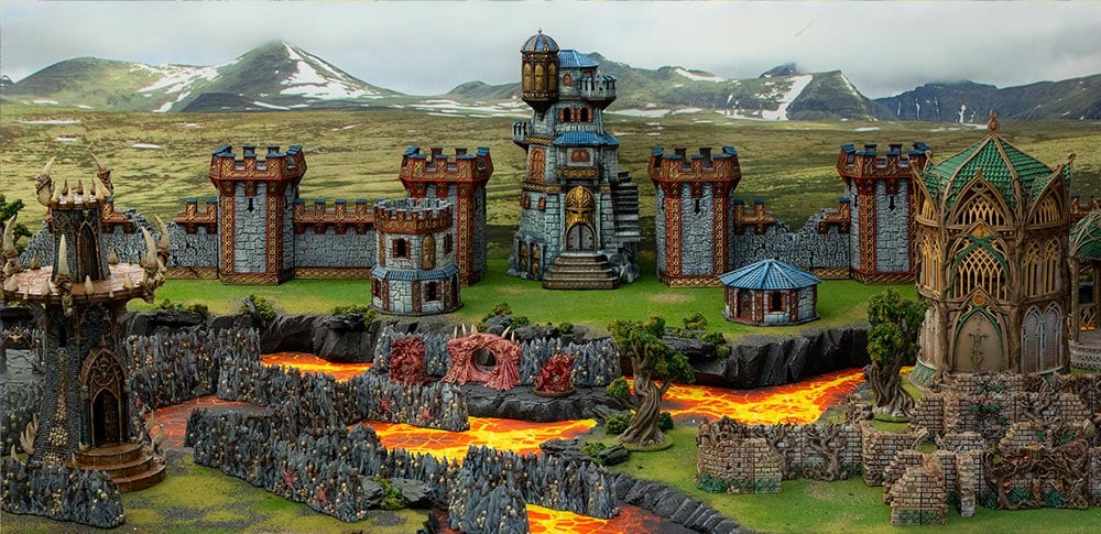 3d printed and painted dwarves, elves and demons terrain