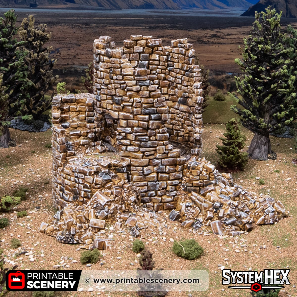 3d printed and painted Ruined Count's Tower for dnd and wargaming