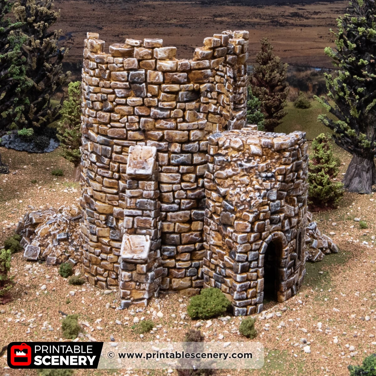 3d printed and painted Ruined Count's Tower for dnd and wargaming
