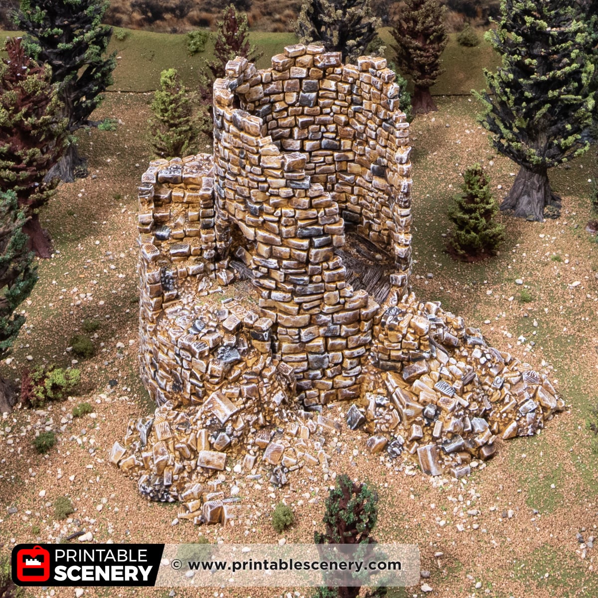 3d printed and painted Ruined Count's Tower for dnd and wargaming