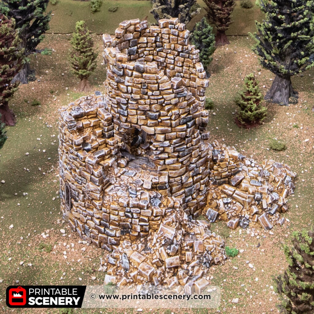 3d printed and painted Ruined Count's Tower for dnd and wargaming