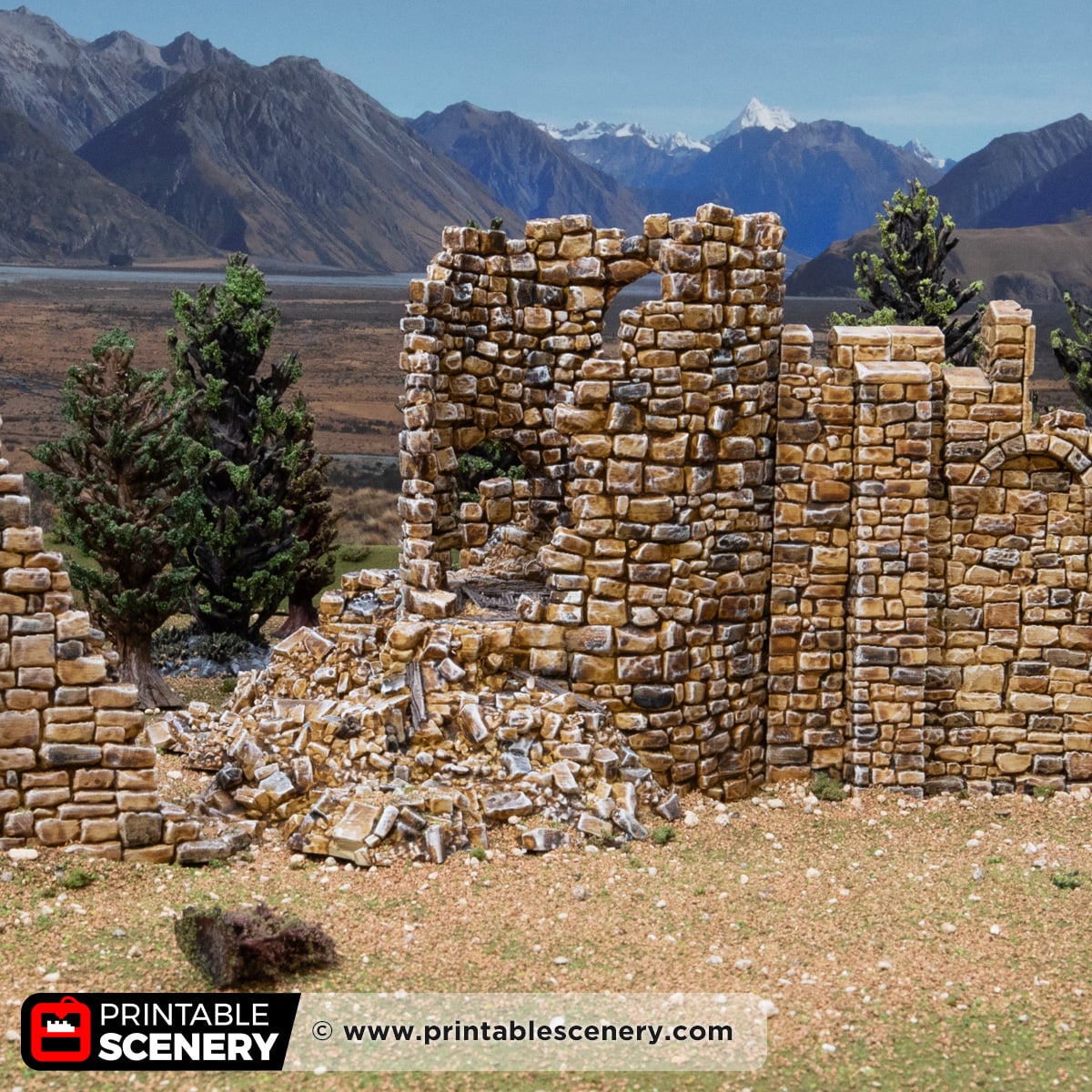 3d printed and painted Ruined Count's Tower for dnd and wargaming