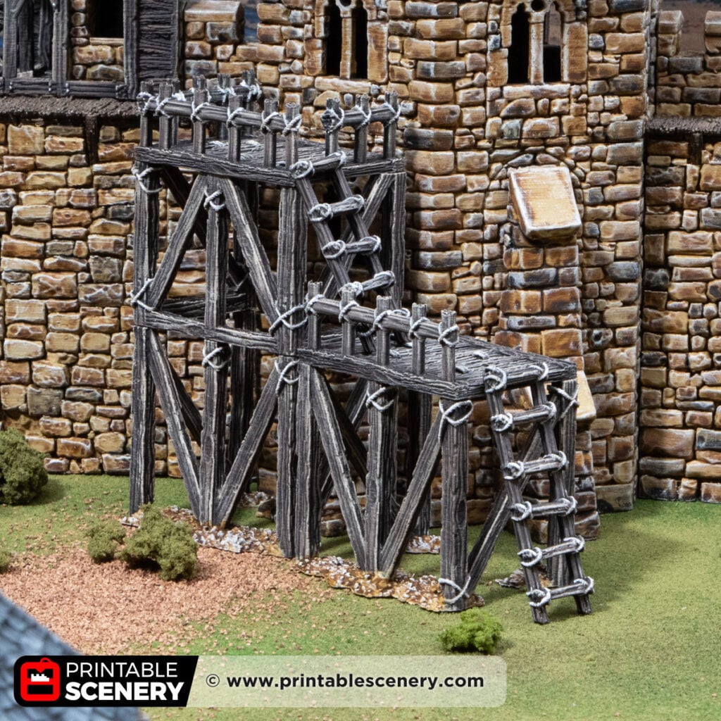 3D printed and painted castle scaffolding for dnd and wargames