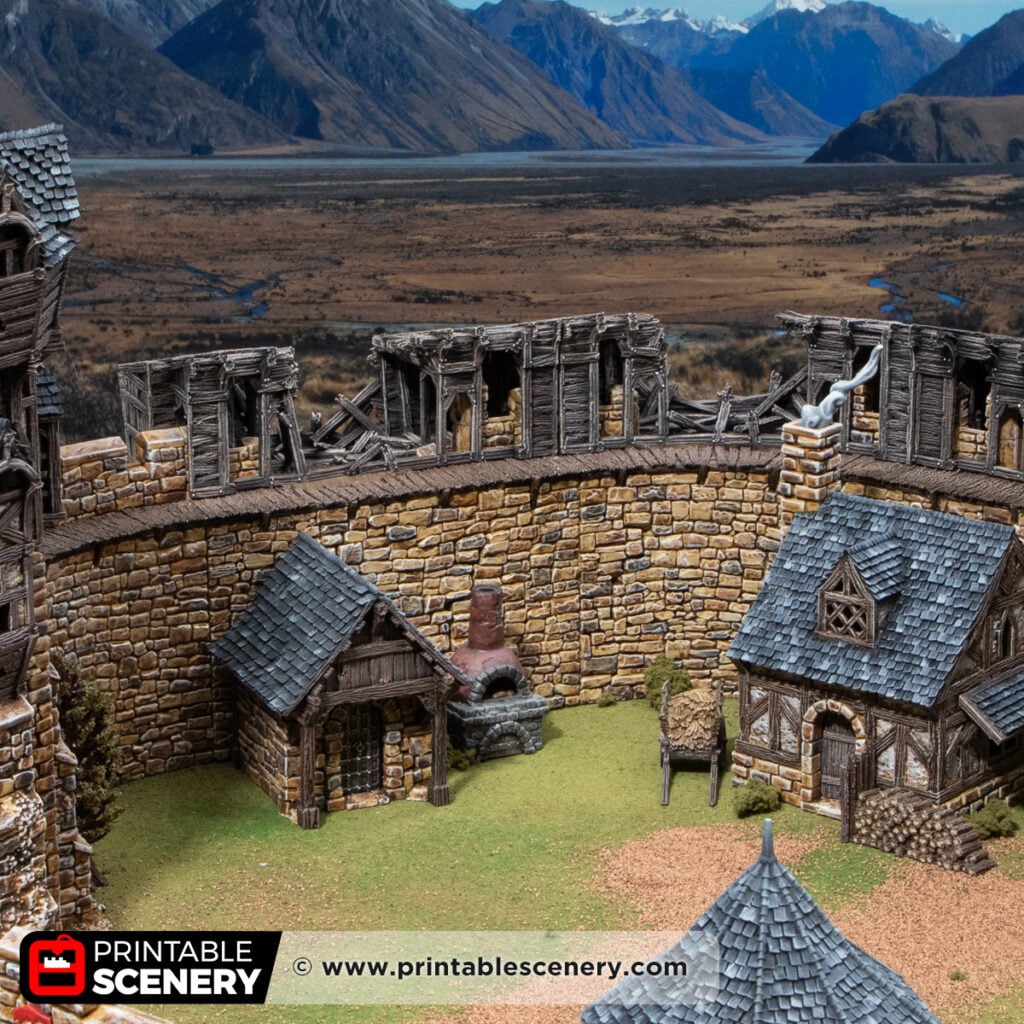 3d printed and painted ruined wall hoardings for dnd and wargaming