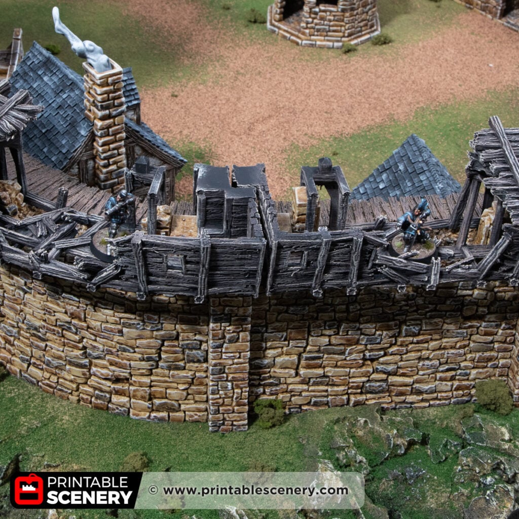 3d printed and painted ruined wall hoardings for dnd and wargaming