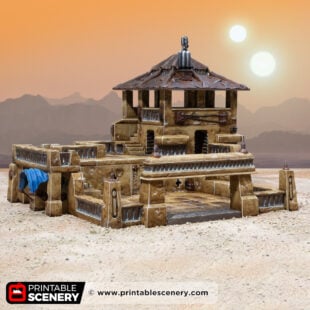 3d printed and painted desert repair shop model for dnd and sc-fi wargames