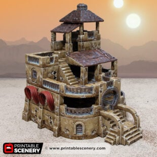 3D printed and painted Dunewatch Office, a sci fi model for tabletop games