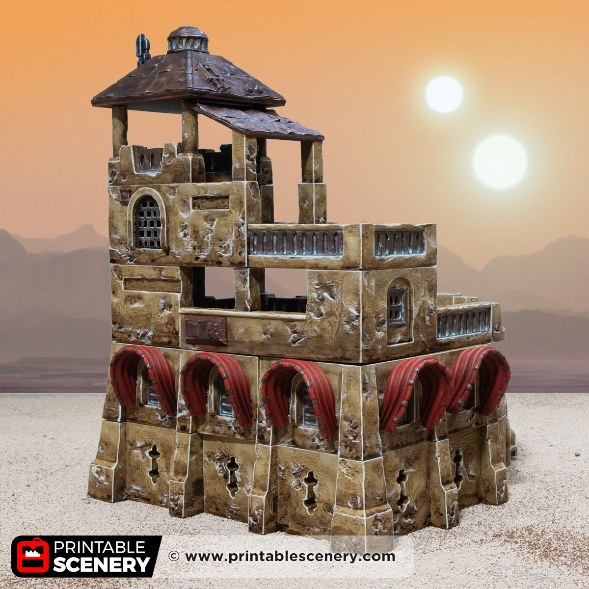 3D printed and painted Dunewatch Office, a sci fi model for tabletop games