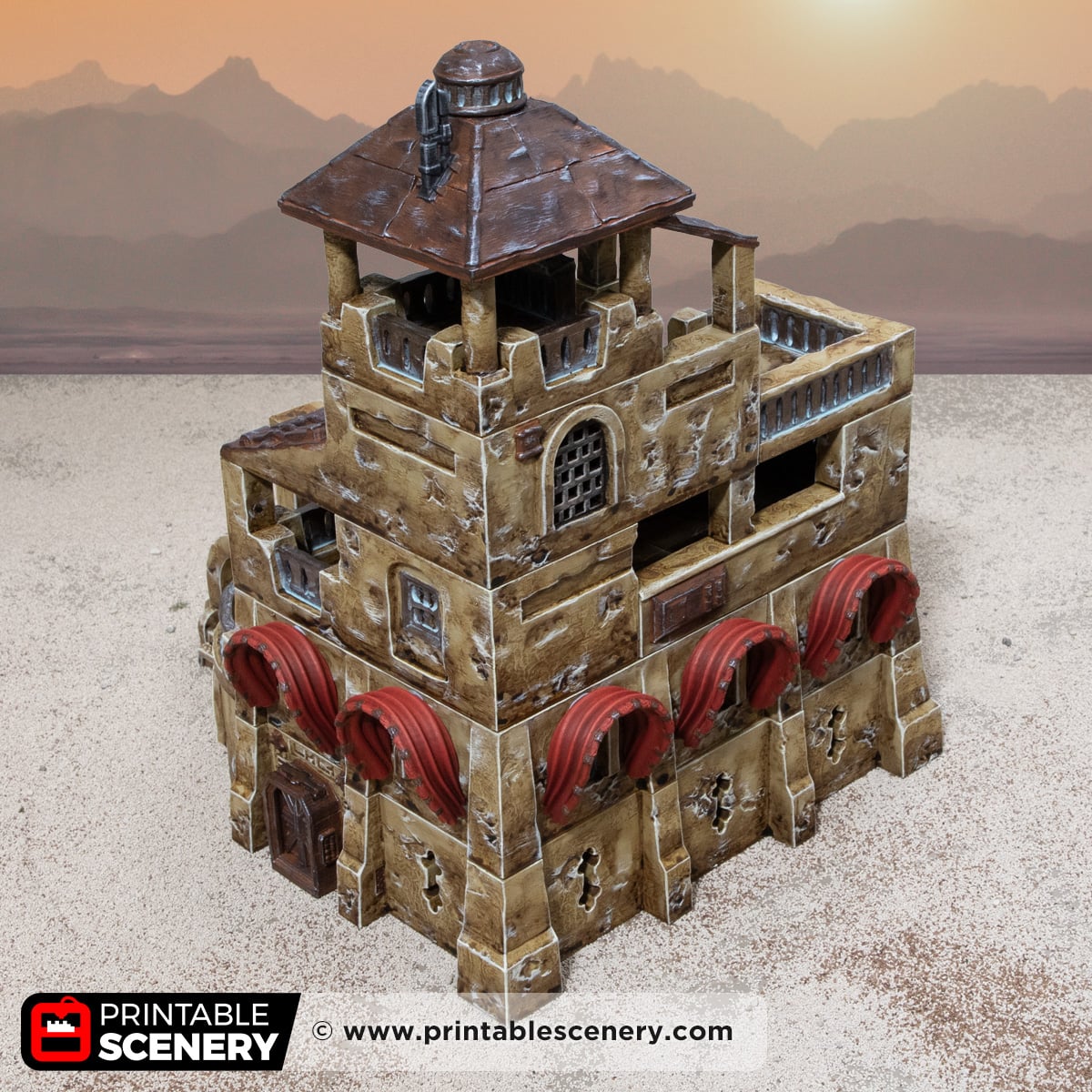 3D printed and painted Dunewatch Office, a sci fi model for tabletop games
