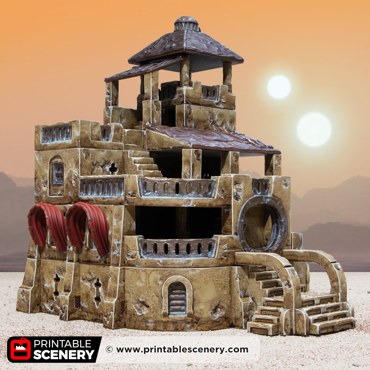 3D printed and painted Dunewatch Office, a sci fi model for tabletop games