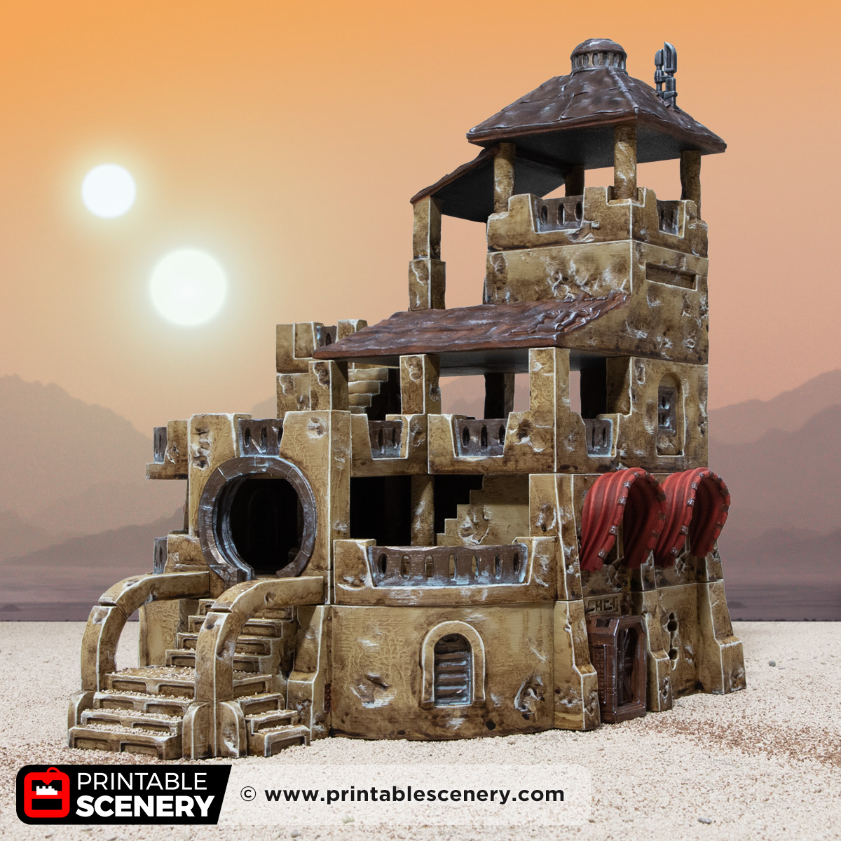 3D printed and painted Dunewatch Office, a sci fi model for tabletop games