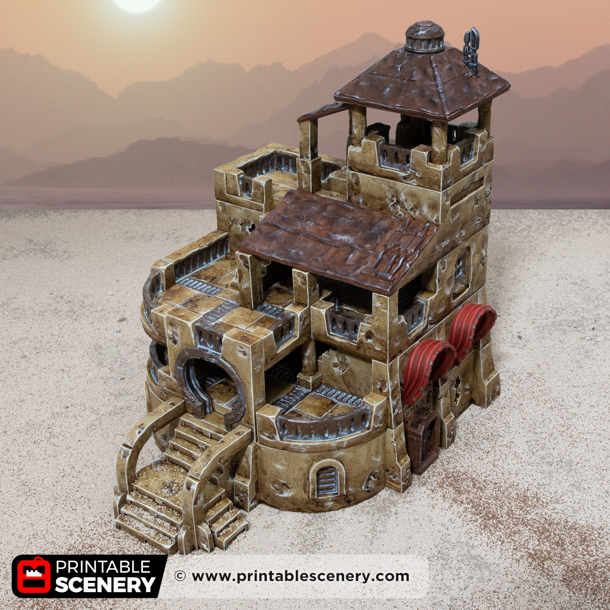 3D printed and painted Dunewatch Office, a sci fi model for tabletop games