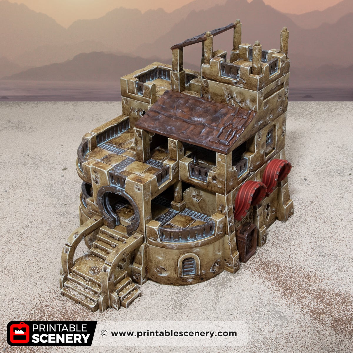 3D printed and painted Dunewatch Office, a sci fi model for tabletop games