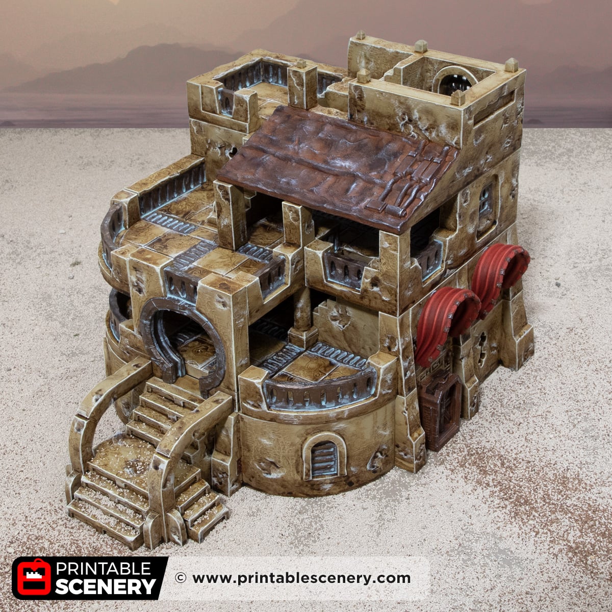 3D printed and painted Dunewatch Office, a sci fi model for tabletop games