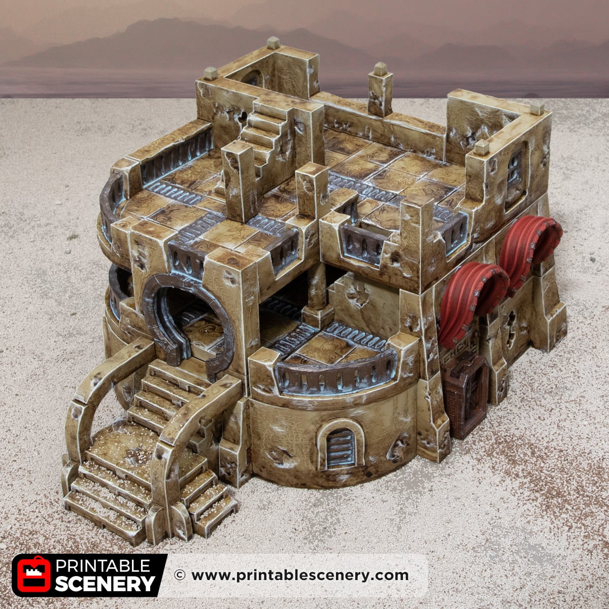 3D printed and painted Dunewatch Office, a sci fi model for tabletop games