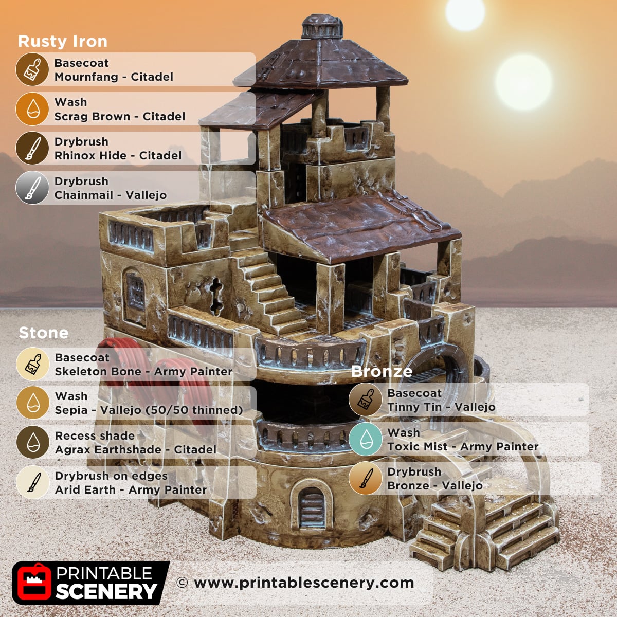 3D printed and painted Dunewatch Office, a sci fi model for tabletop games