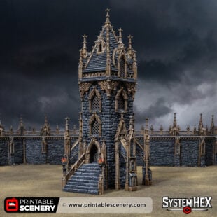 3D printed and painted Gothic HEX Tower from Darkness & Desolation, for wargaming and tabletop RPGs
