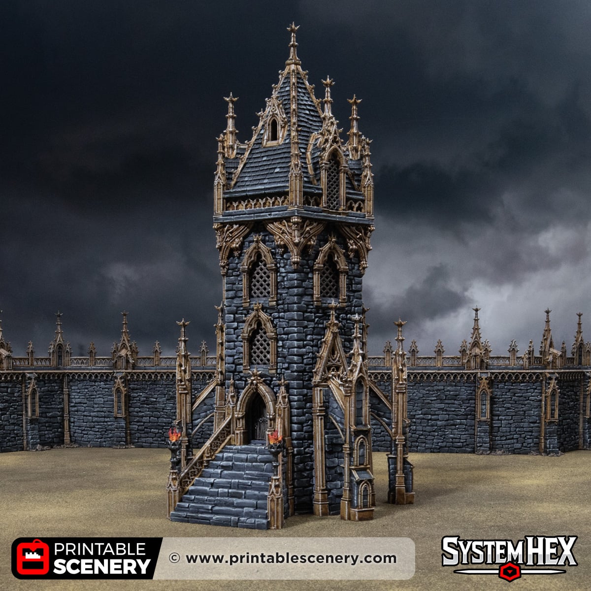3D printed and painted Gothic HEX Tower from Darkness & Desolation, for wargaming and tabletop RPGs