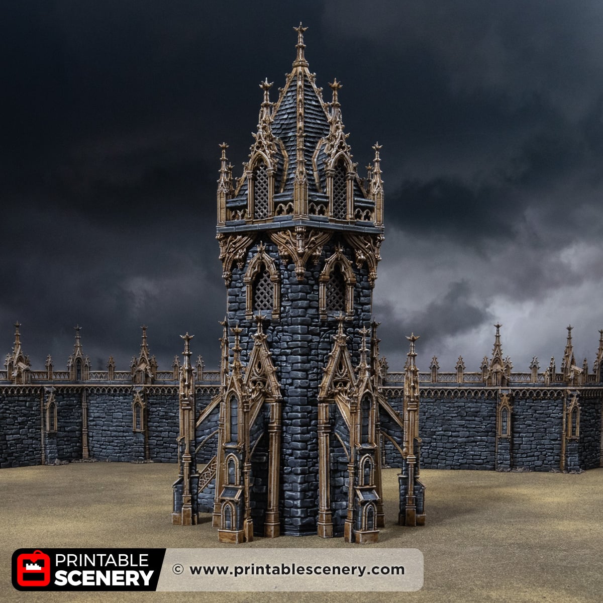 3D printed and painted Gothic HEX Tower from Darkness & Desolation, for wargaming and tabletop RPGs