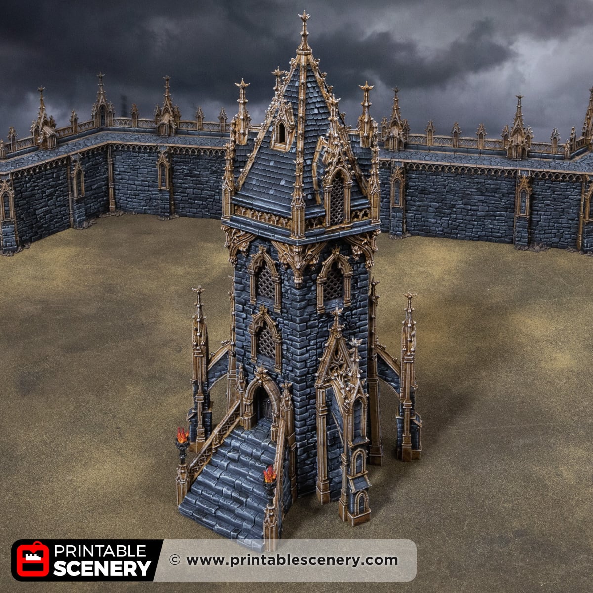 3D printed and painted Gothic HEX Tower from Darkness & Desolation, for wargaming and tabletop RPGs