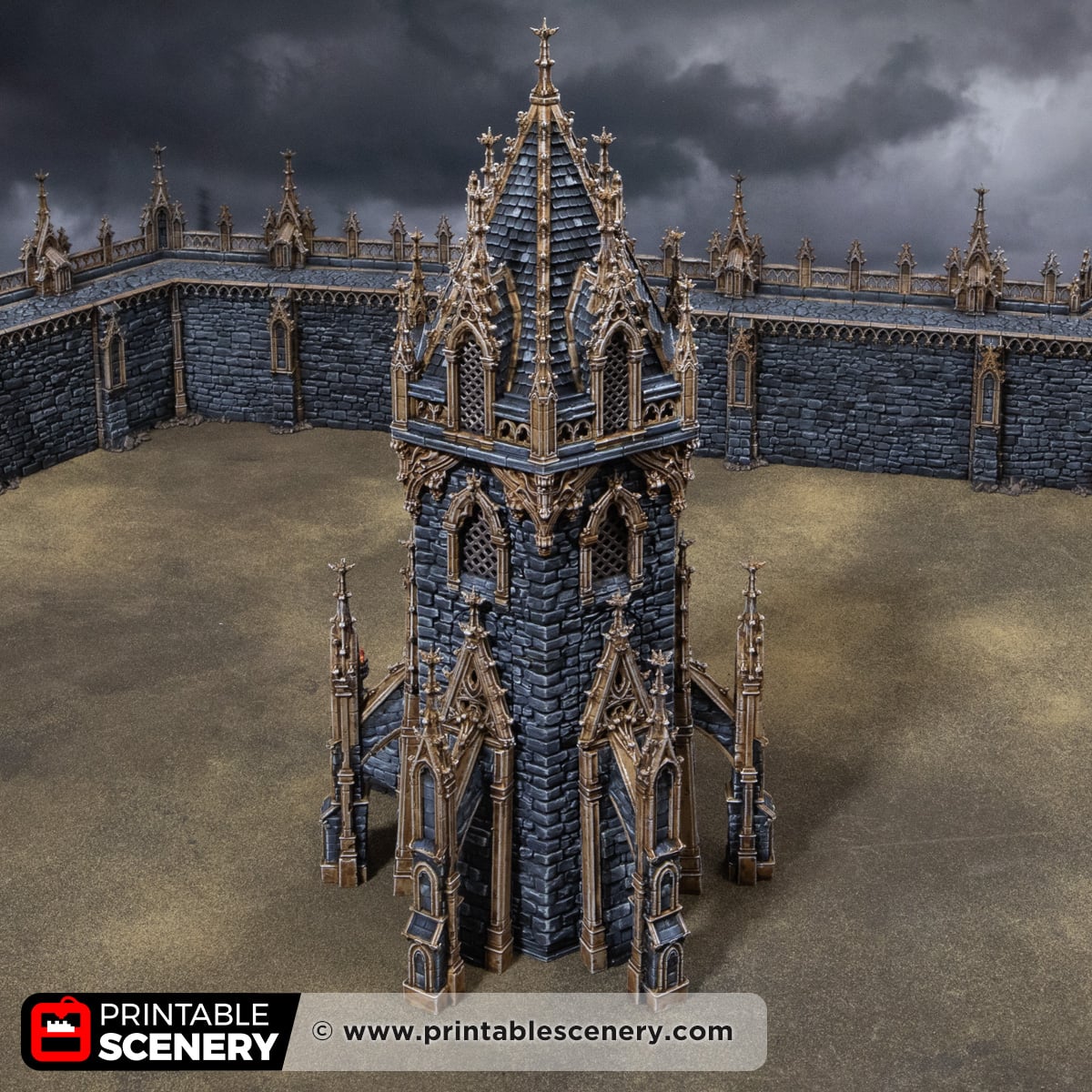 3D printed and painted Gothic HEX Tower from Darkness & Desolation, for wargaming and tabletop RPGs