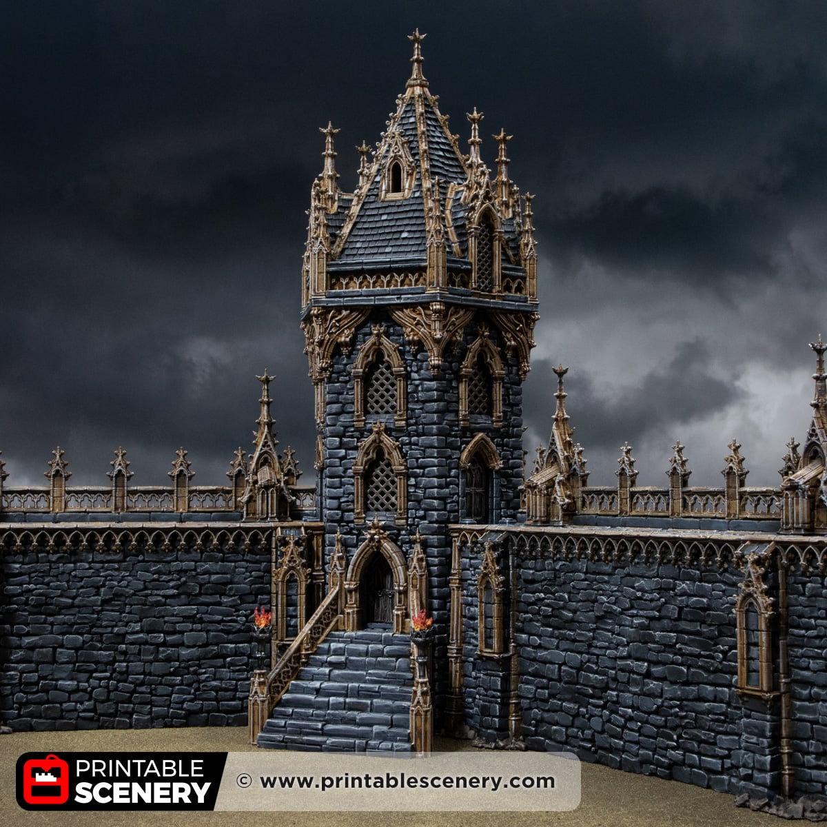 3D printed and painted Gothic HEX Tower from Darkness & Desolation, for wargaming and tabletop RPGs