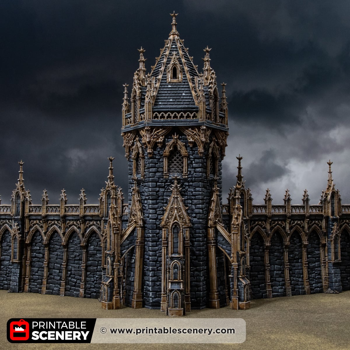 3D printed and painted Gothic HEX Tower from Darkness & Desolation, for wargaming and tabletop RPGs