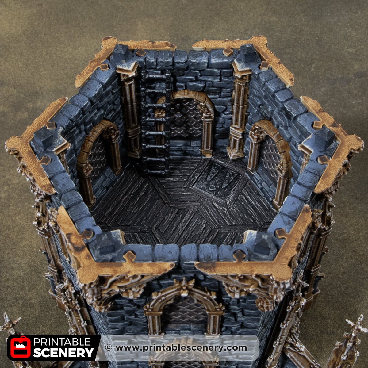 3D printed and painted Gothic HEX Tower from Darkness & Desolation, for wargaming and tabletop RPGs