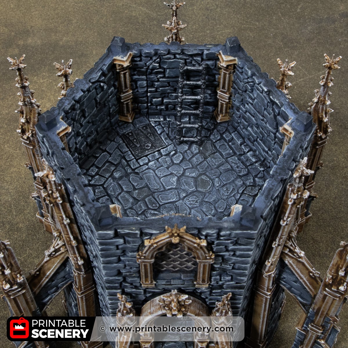 3D printed and painted Gothic HEX Tower from Darkness & Desolation, for wargaming and tabletop RPGs