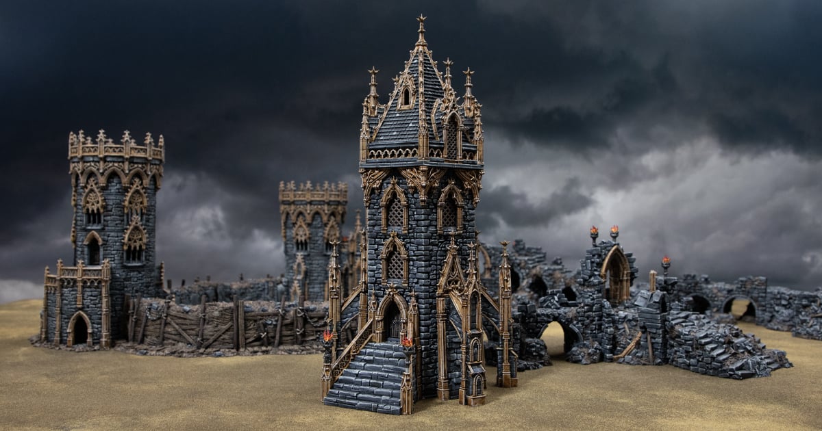 3D printed and painted Gothic HEX Tower from Darkness & Desolation, for wargaming and tabletop RPGs
