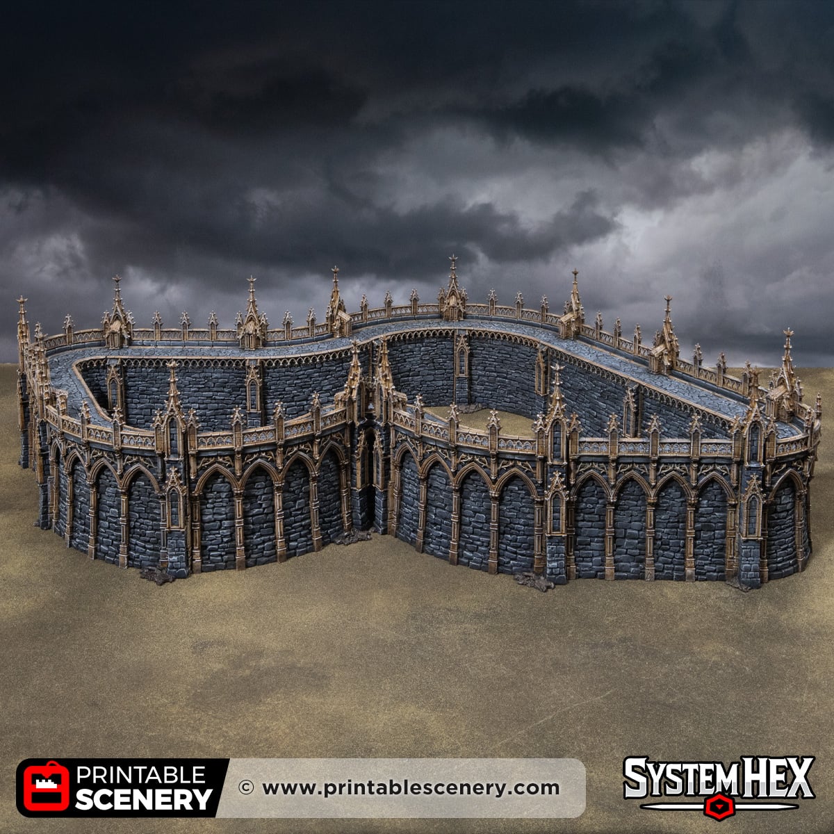 3D printed and Painted Gothic Curved Walls from Darkness and Desolation for wargaming and Tabletop RPGs