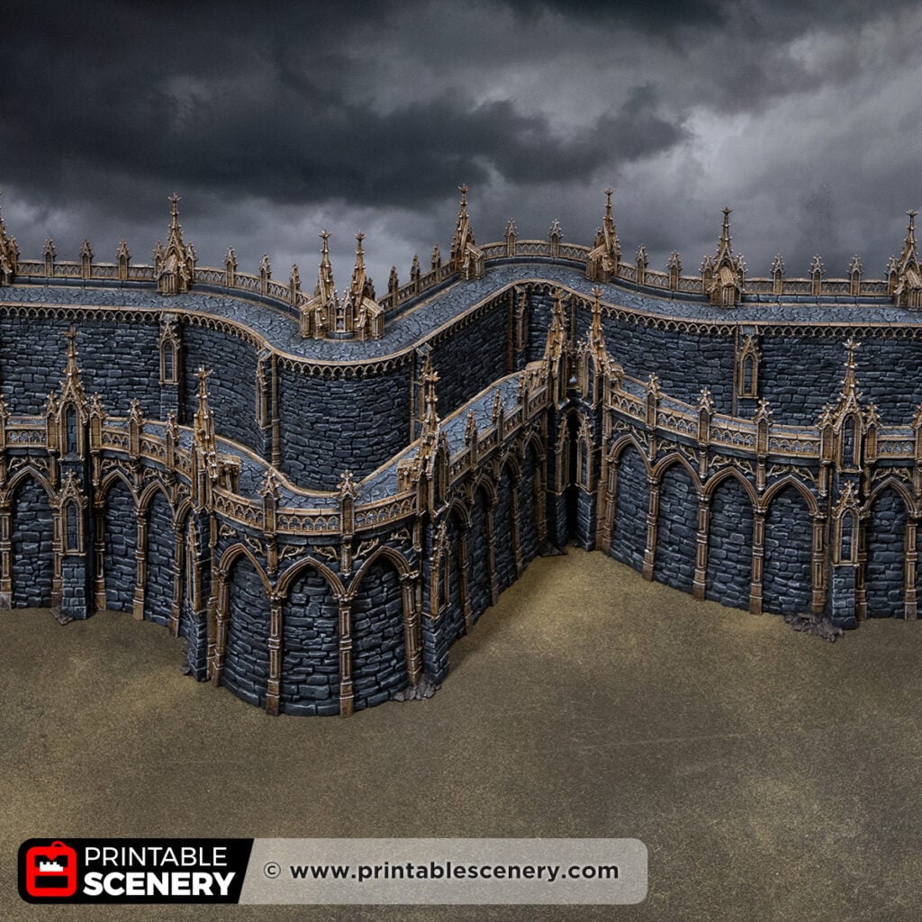 3D printed and Painted Gothic Curved Walls from Darkness and Desolation for wargaming and Tabletop RPGs