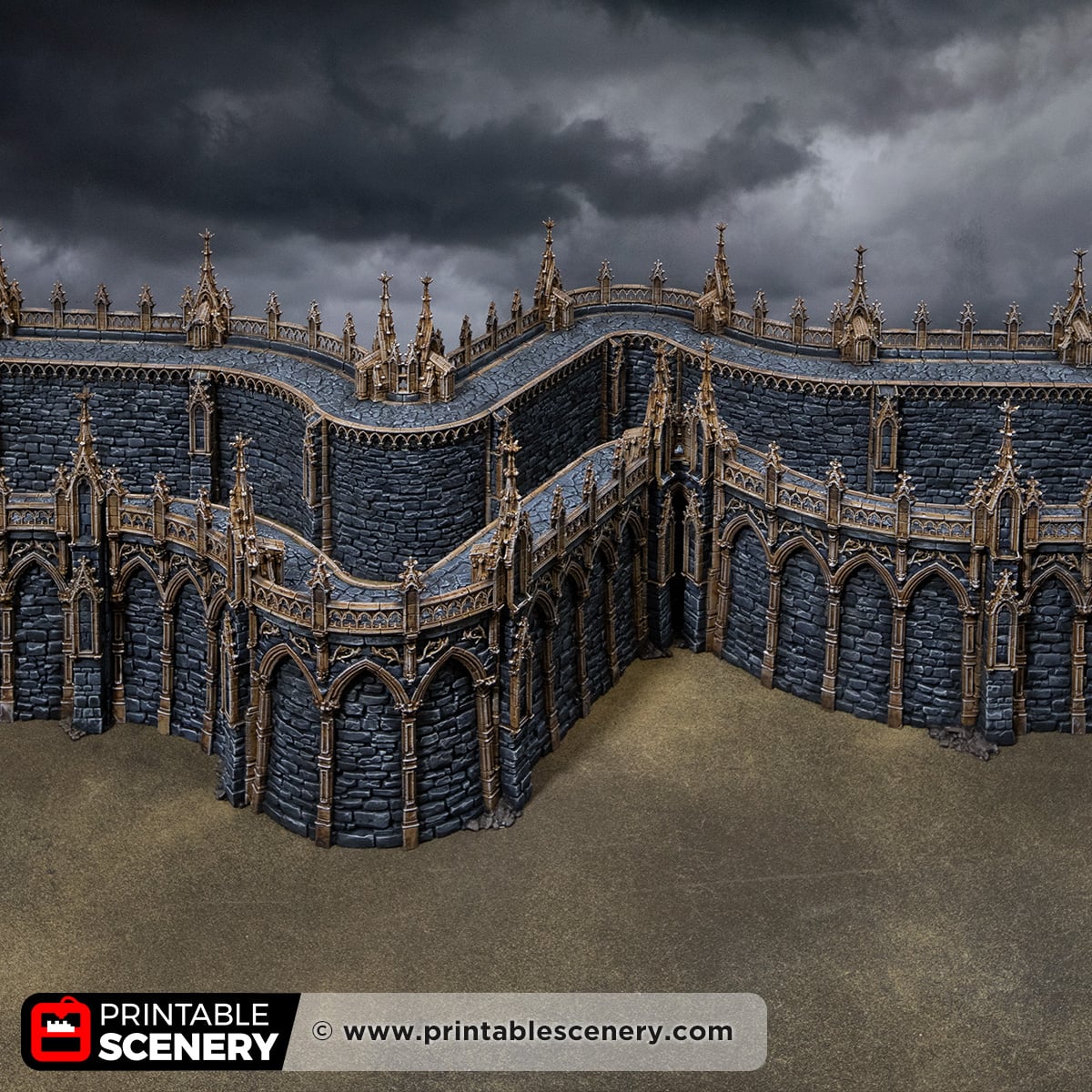 3D printed and Painted Gothic Curved Walls from Darkness and Desolation for wargaming and Tabletop RPGs